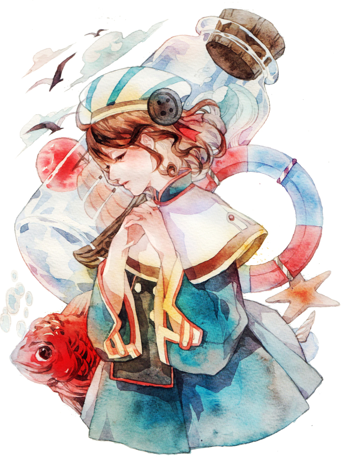 1girl, beret, bird, black_bird, blue_collar, blue_dress, blue_sleeves, brown_hair