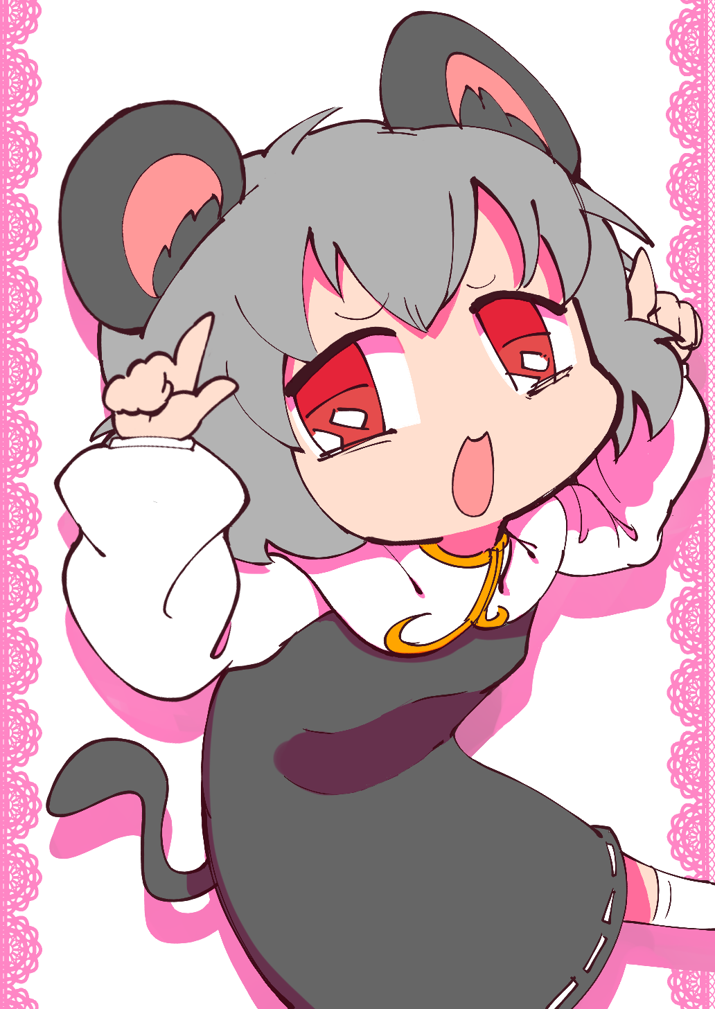 1girl, animal_ears, colored_shadow, commentary_request, cookie_(touhou), dress, drop_shadow, feet_out_of_frame, flat_chest, grey_dress, grey_hair, highres, lace_background, long_sleeves, looking_at_viewer, medium_bangs, mouse_ears, mouse_girl, mouse_tail, nazrin, nyon_(cookie), open_mouth, parupunte_(nicoseiga51964270), pointing, pointing_up, red_eyes, shadow, shirt, short_hair, sleeveless, sleeveless_dress, smile, socks, solo, tail, touhou, white_background, white_shirt, white_socks
