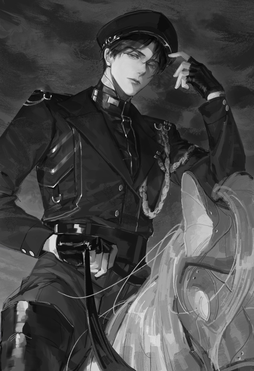 1boy, absurdres, buttons, character_request, chinese_commentary, clouds, cloudy_sky, collared_jacket, commentary_request, expressionless, fingerless_gloves, gloves, hand_on_headwear, hat, highres, holding, holding_reins, horseback_riding, jacket, kami_off_record, leather, leather_gloves, long_sleeves, looking_at_viewer, male_focus, medical_record_book, military_hat, military_uniform, monochrome, outdoors, pants, reins, riding, sash, shirt, short_hair, sky, solo, thick_eyebrows, turtleneck, undershirt, uniform, very_short_hair