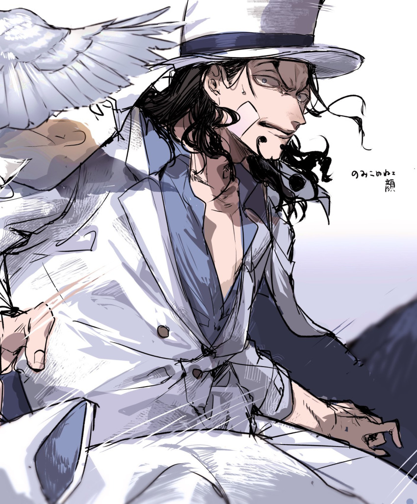 1boy, beard, bird, black_hair, facial_hair, formal, hat, hattori_(one_piece), highres, long_hair, looking_at_viewer, male_focus, necktie, one_piece, pants, pigeon, rob_lucci, sazu_00, suit, surprised, top_hat, wide-eyed
