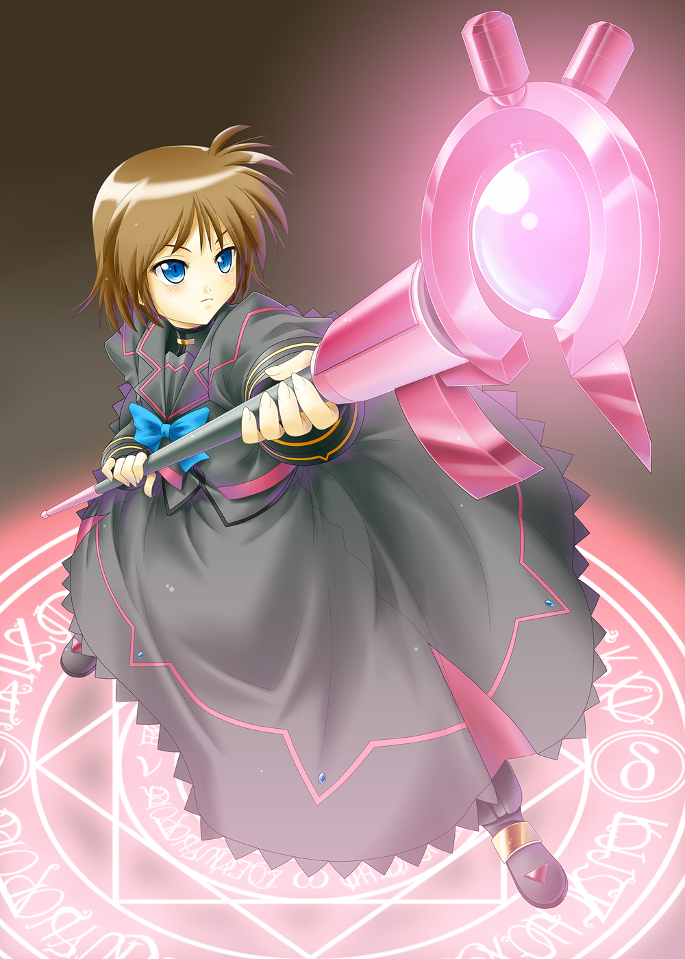 bad_id, blue_eyes, blush, brown_hair, dress, frown, highres, luciferion, magic_circle, mahou_shoujo_lyrical_nanoha, mahou_shoujo_lyrical_nanoha_a's, mahou_shoujo_lyrical_nanoha_a's_portable:_the_battle_of_aces, mahou_shoujo_lyrical_nanoha_a's, mahou_shoujo_lyrical_nanoha_a's_portable:_the_battle_of_aces, material-s, short_hair, staff
