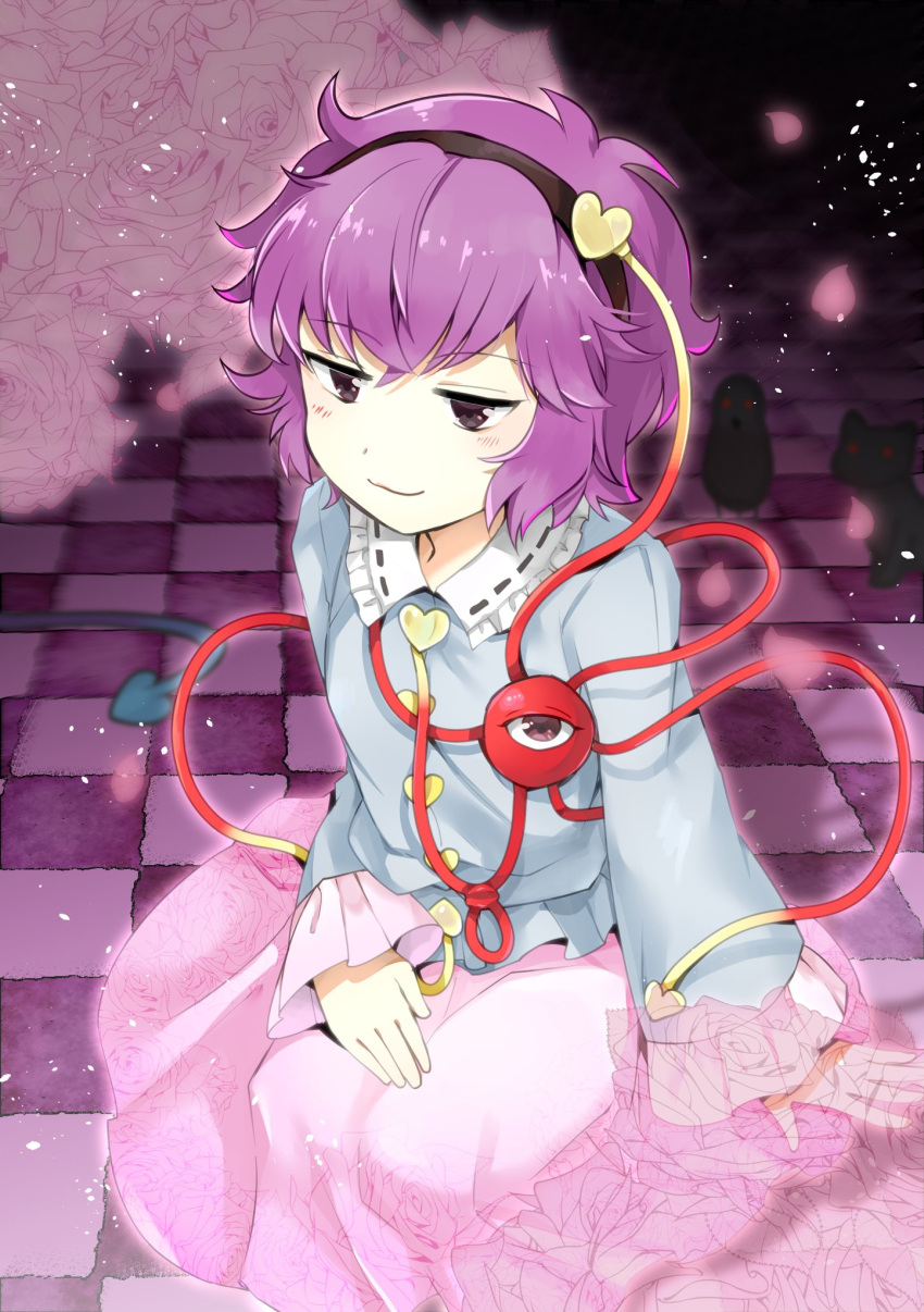 black_hairband, blue_shirt, buttons, checkered_floor, collared_shirt, eyeball, flower, frilled_shirt_collar, frilled_sleeves, frills, hairband, hand_on_lap, heart, heart_button, heart_of_string, highres, kaenbyou_rin, kaenbyou_rin_(cat), kanonari, komeiji_satori, long_skirt, long_sleeves, messy_hair, pink_skirt, reiuji_utsuho, reiuji_utsuho_(bird), satori_day, seiza, shirt, short_hair, sitting, skirt, third_eye, tile_floor, tiles, touhou