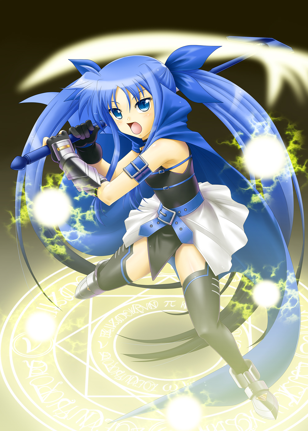 bad_id, blue_eyes, blue_hair, blush, cape, electricity, energy_ball, energy_blade