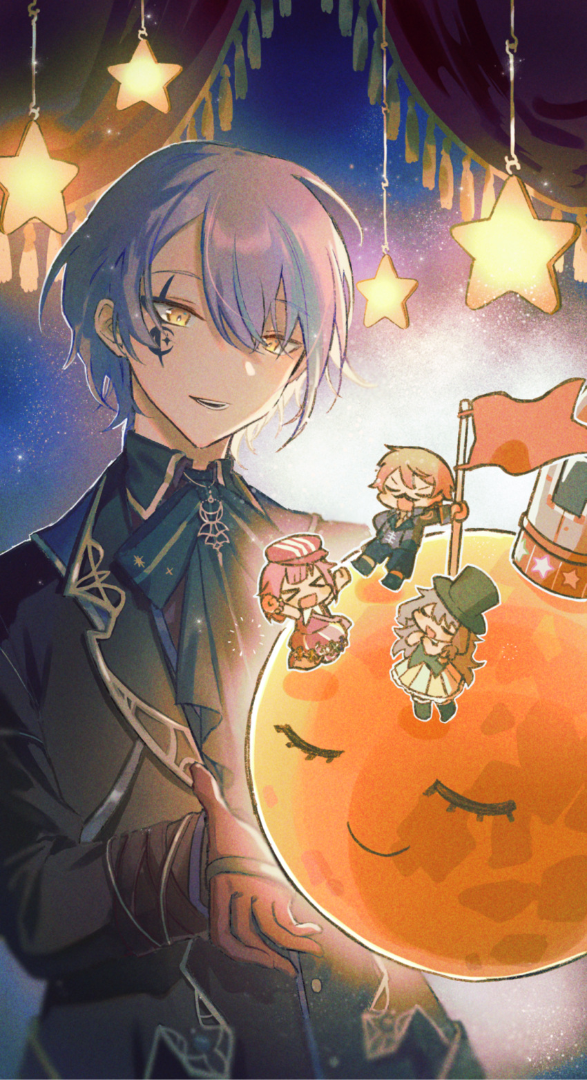 >_<, 2boys, 2girls, ascot, ball, black_coat, black_shirt, blue_ascot