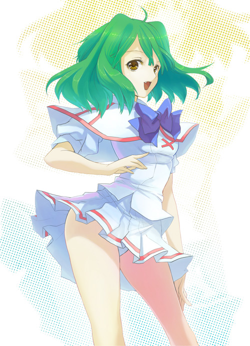 fang, green_hair, joe_sage, macross, macross_frontier, open_mouth, ranka_lee, sage_joh, school_uniform, short_hair, smile, yellow_eyes