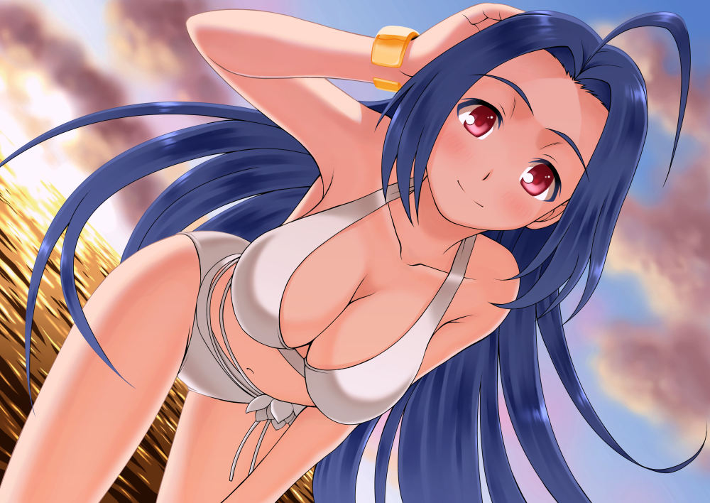 ahoge, bent_over, bikini, blue_hair, bracelet, breasts, cleavage, dutch_angle