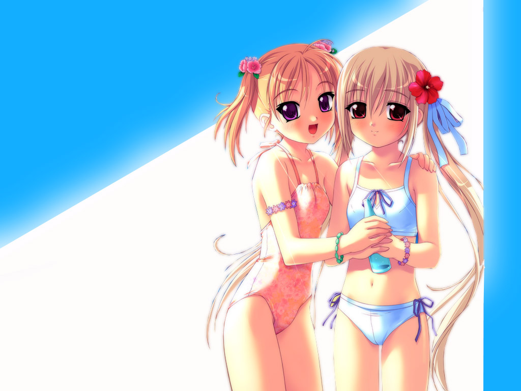 2girls, bikini, blonde_hair, bottle, flat_chest, flower, game_cg, hatsukoi