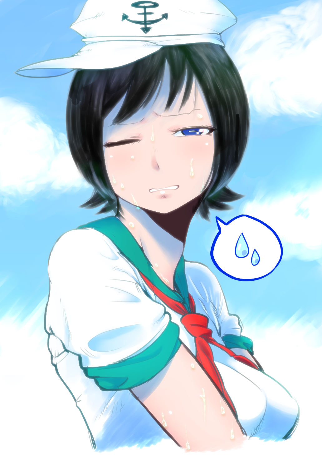 1girl, anchor_symbol, black_hair, blue_eyes, blue_sky, breasts, clenched_teeth, clouds