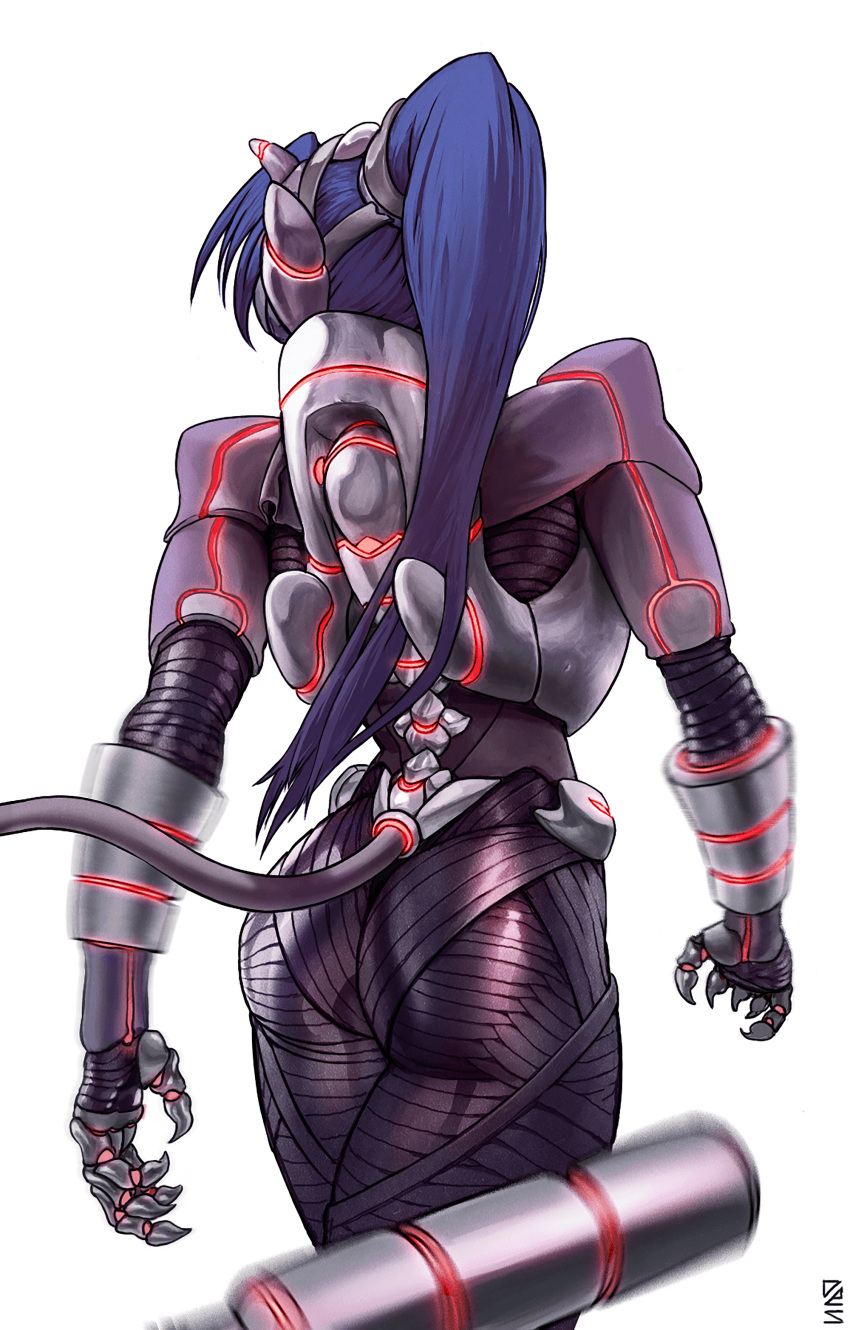 1girl, absurdres, armor, arms_at_sides, ass, blue_hair, claws, des_(desvitio), glowing, highres, horns, long_hair, mecha, mechanical_spine, original, ponytail, robot, science_fiction, simple_background, solo, standing, swept_bangs, thighs
