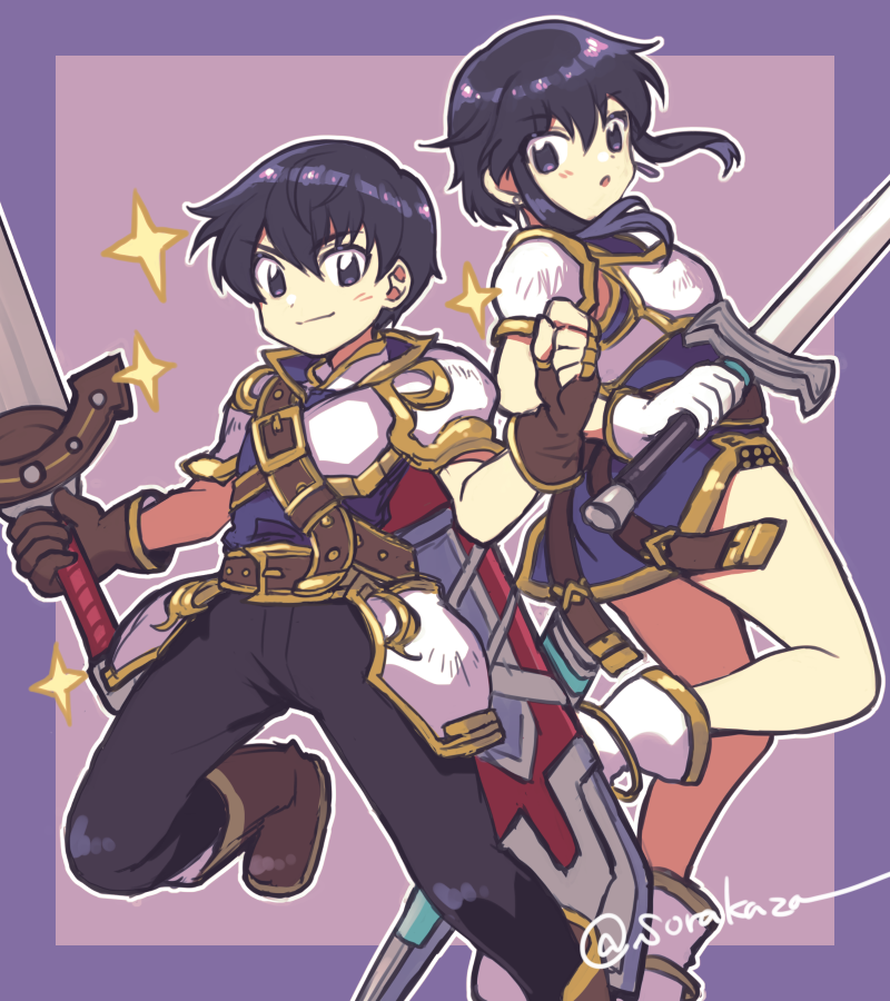 1boy, 1girl, :o, armor, black_eyes, black_hair, boots, breastplate