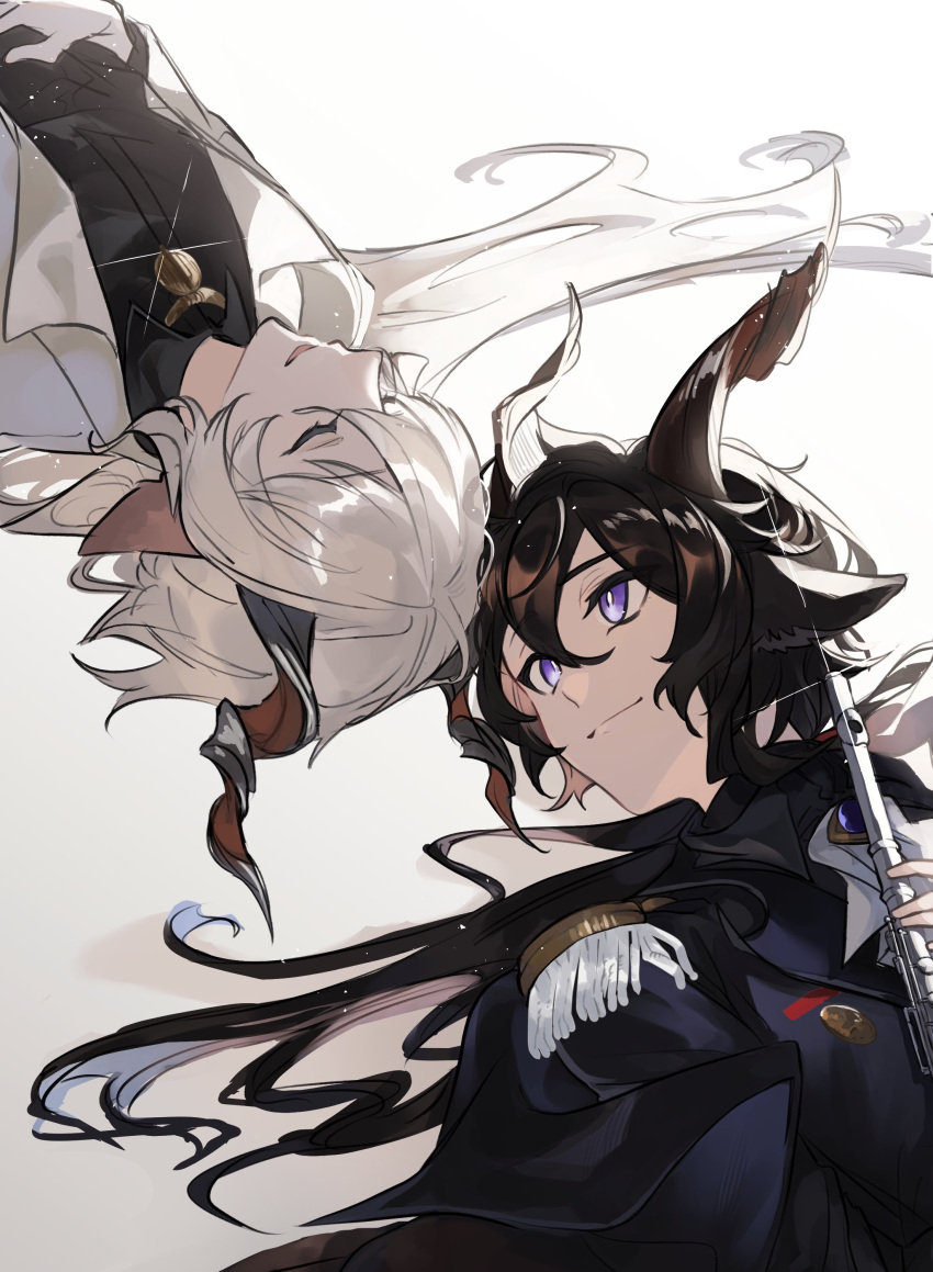 2boys, absurdres, animal_ears, arknights, black_hair, black_jacket, black_shirt, ebenholz_(arknights)