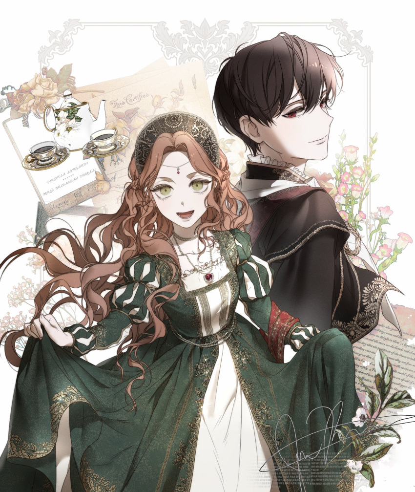 1boy, 1girl, :d, black_hair, black_jacket, border, circlet, cup, dress, ea_ateu, florentia_lombardi, flower, gem, green_dress, green_eyes, half_updo, hat, highres, i_shall_master_this_family, jacket, jewelry, letter, long_hair, long_sleeves, looking_at_viewer, looking_to_the_side, menu_board, necklace, outside_border, pendant, perez_brivacheu_durelli, pink_flower, puff_and_slash_sleeves, puffy_sleeves, red_eyes, red_gemstone, short_hair, signature, skirt_hold, smile, tea, tea_set, teacup, teapot, very_long_hair, wavy_hair, white_background