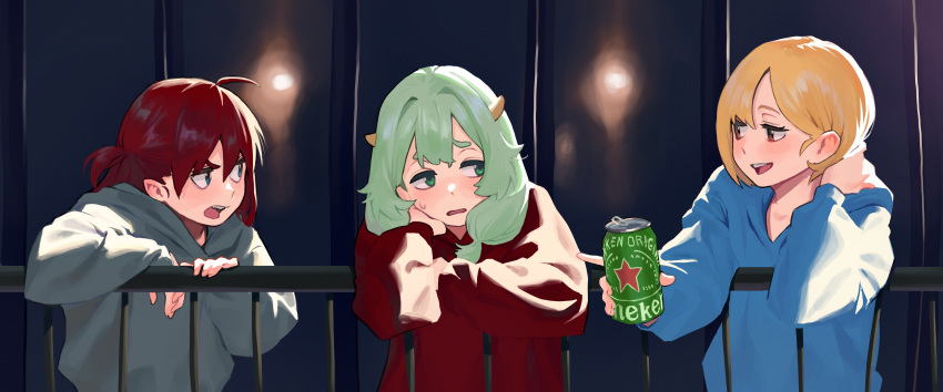 3girls, absurdres, against_railing, ahoge, beer_can, blue_eyes, blue_shirt, blush