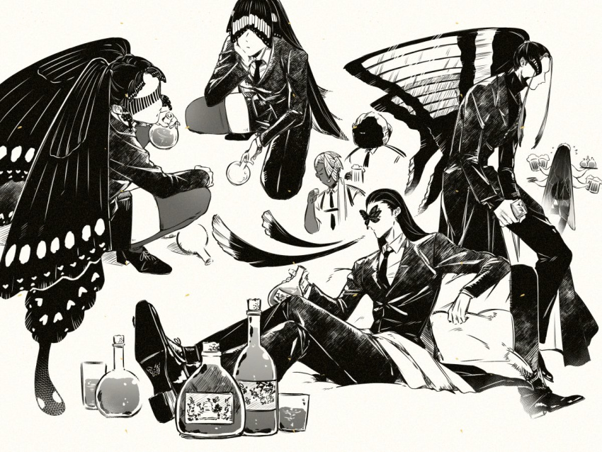 2girls, 4boys, antennae, asymmetrical_pants, blindfold, bottle, butterfly_boy, butterfly_girl