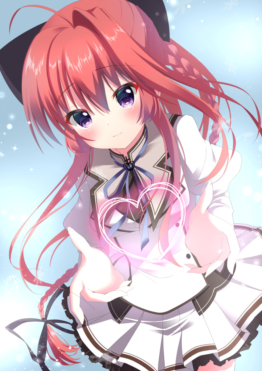 1girl, ahoge, black_ribbon, blush, braid, closed_mouth, commentary, cowboy_shot