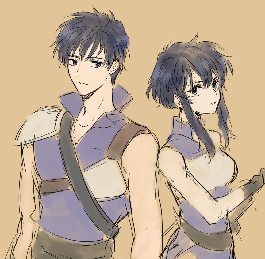 1boy, 1girl, armor, belt, black_eyes, black_hair, breastplate, brother_and_sister