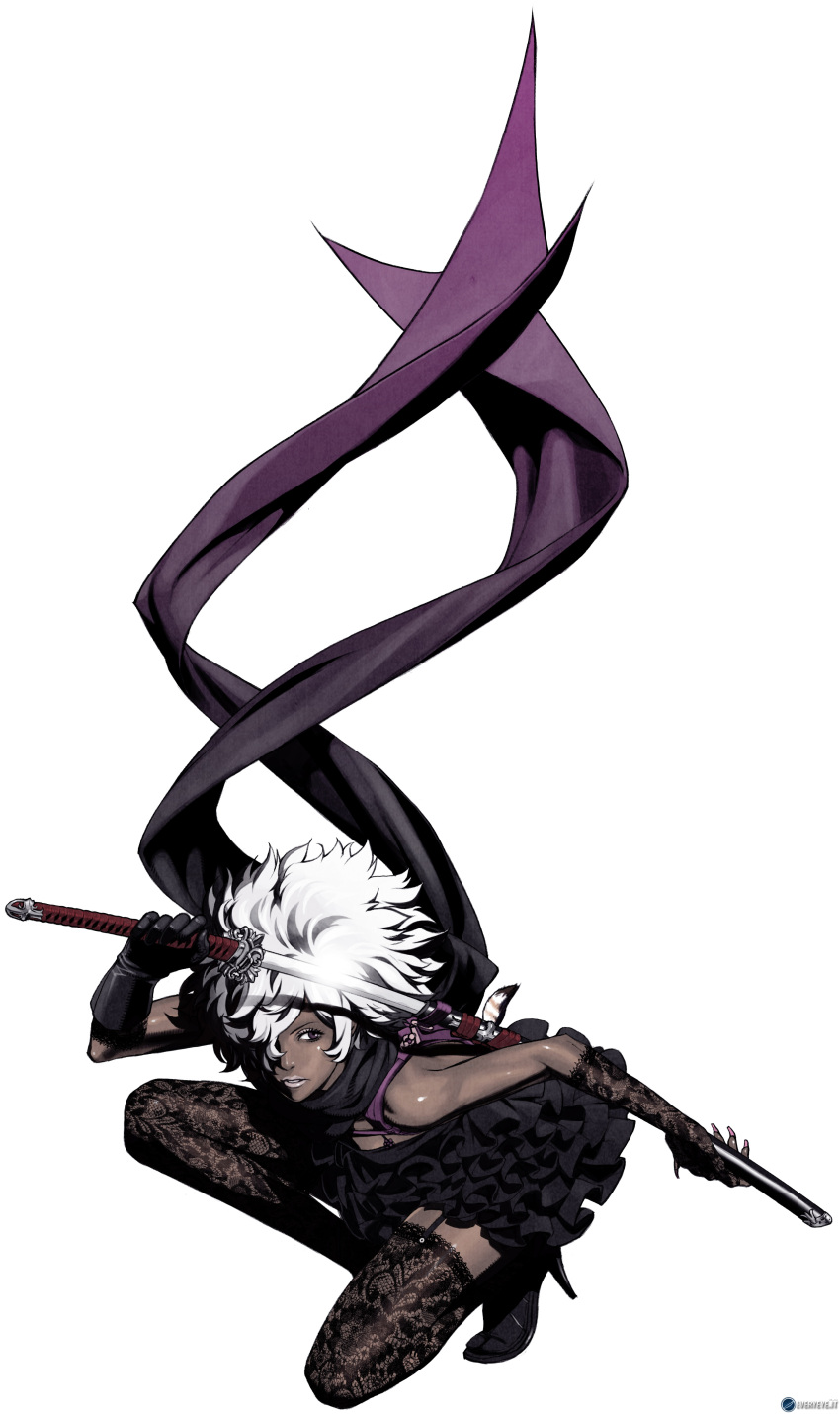 afro, dark_skin, fingernails, frills, garters, gathers, gloves, hair_over_one_eye