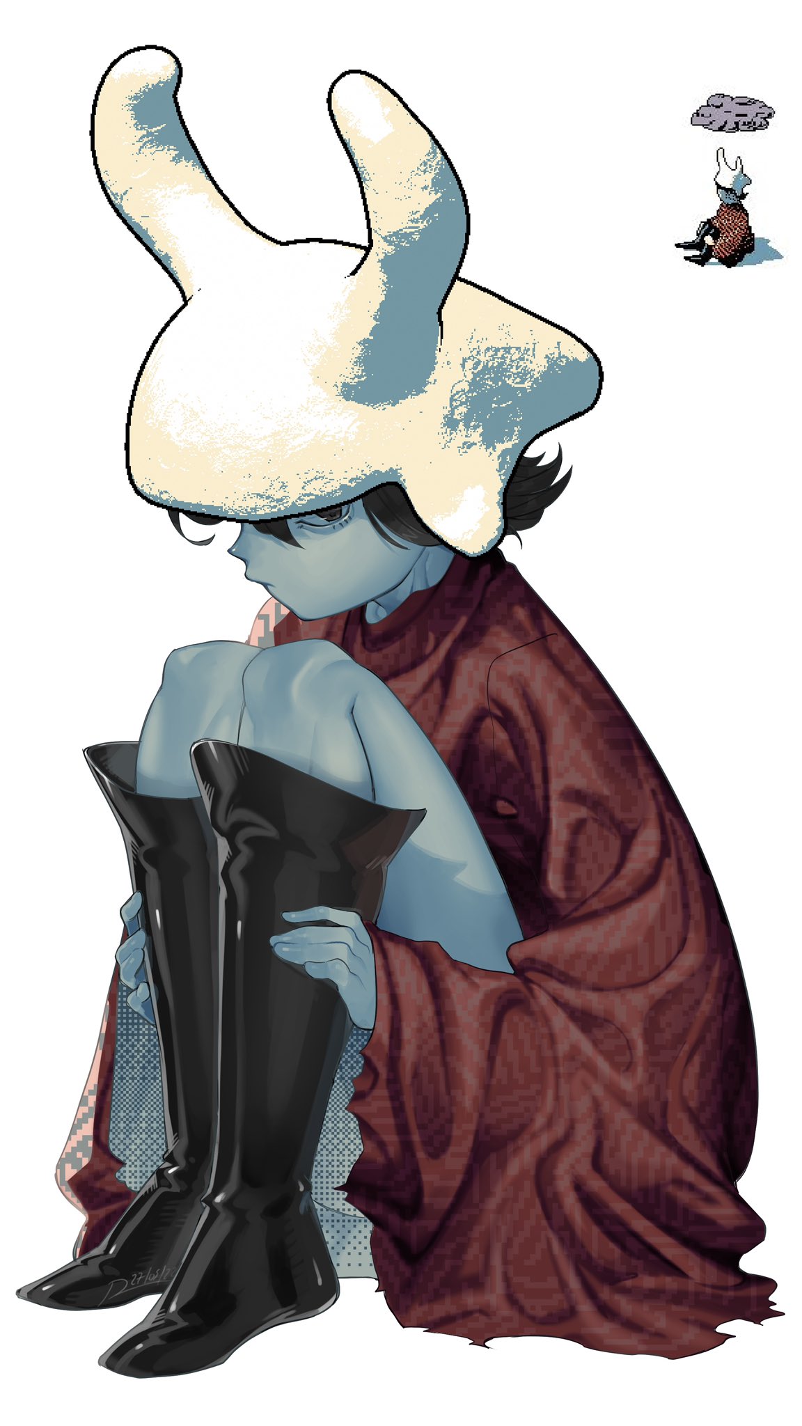 1girl, black_footwear, black_hair, blue_skin, boots, colored_skin, hat, highres, hylics, knees_up, reference_inset, rukulad, short_hair, simple_background, sitting, somsnosa, spanish_commentary, sprite, white_background, white_headwear