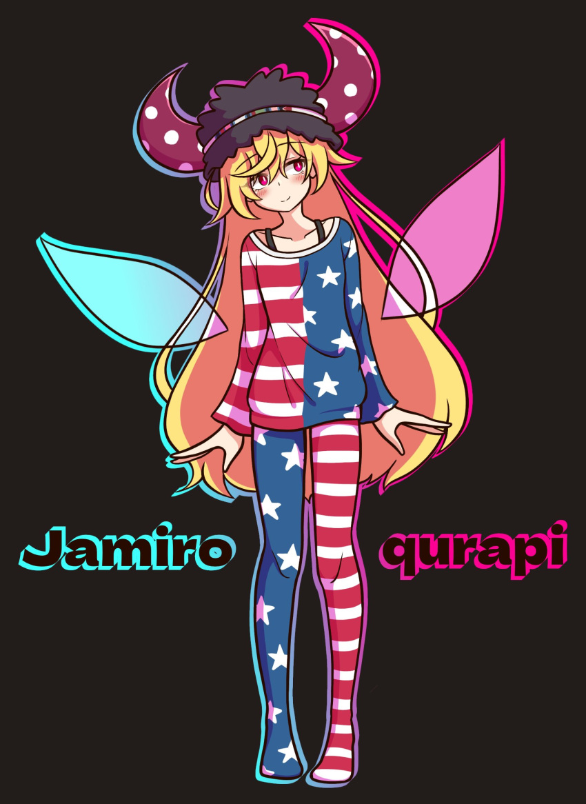 1girl, american_flag_pants, american_flag_shirt, black_background, blonde_hair, bra_strap, clownpiece, cosplay