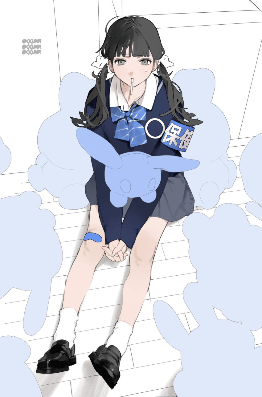 1girl, ahoge, armband, bandaid, bandaid_on_knee, bandaid_on_leg, black_footwear, black_hair