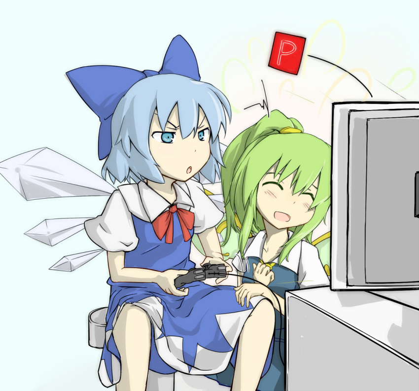 araco, blue_dress, blue_eyes, blue_hair, bow, cirno, closed_eyes, computer