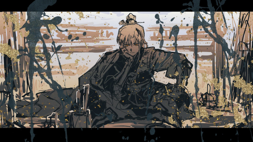 1boy, archer_(fate/samurai_remnant), boots, chinese_clothes, chinese_hairpin, closed_mouth, crossed_legs, egotism