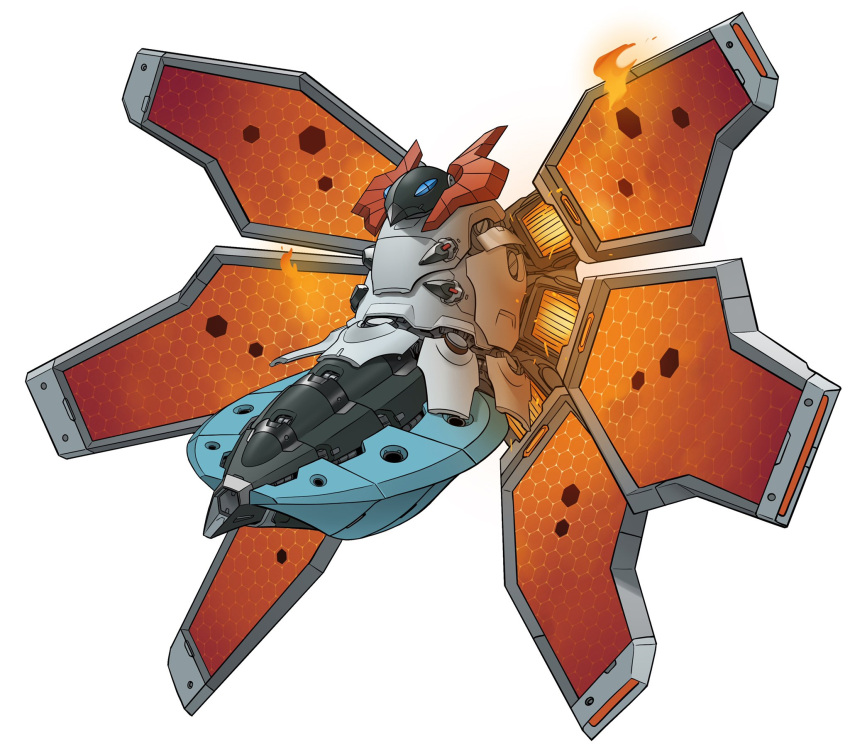 blue_eyes, fire, flying, gifer_art, highres, joints, mecha, mecha_focus