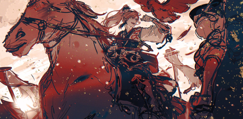1boy, archer_(fate/samurai_remnant), arm_up, bird, boots, chinese_clothes, chinese_hairpin, clouds