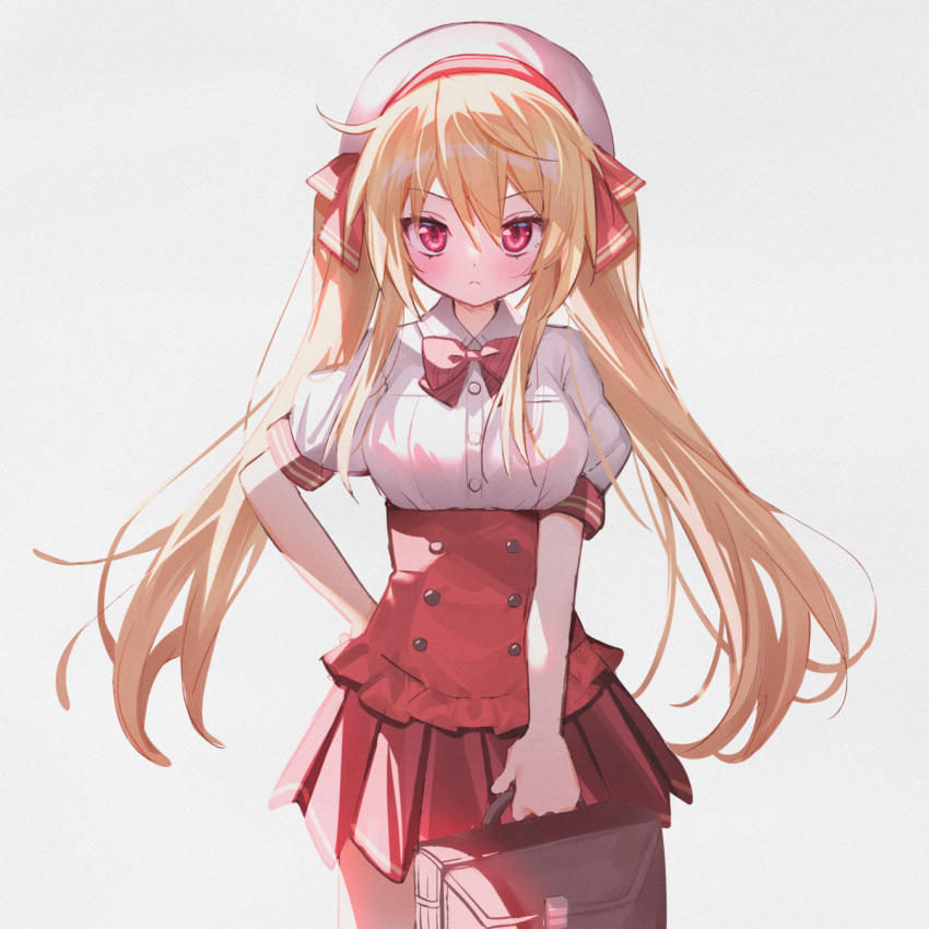 1girl, bag, blonde_hair, cowboy_shot, d_omm, highres, holding, holding_bag, long_hair, looking_at_viewer, original, pleated_skirt, red_eyes, skirt, twintails, very_long_hair, white_background