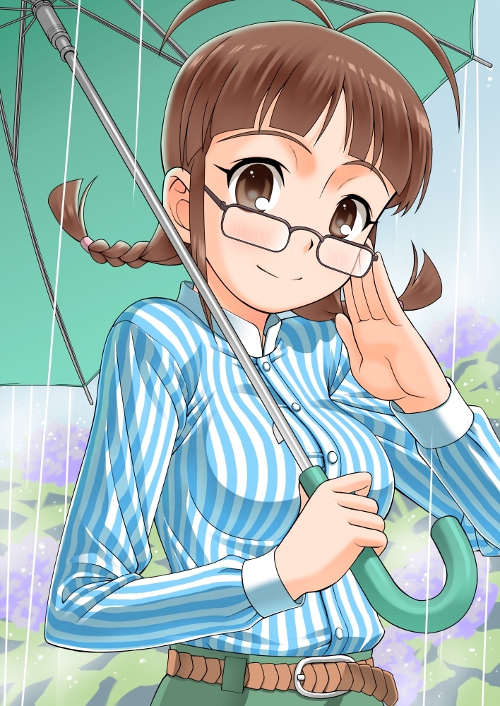 akizuki_ritsuko, antenna_hair, belt, braid, brown_eyes, brown_hair, casual, glasses