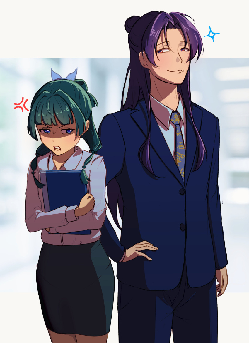 1boy, 1girl, :3, absurdres, anger_vein, black_skirt, blue_eyes, blue_necktie