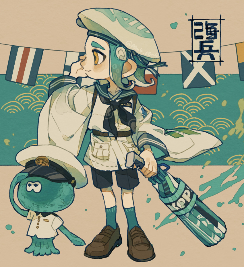 1boy, absurdres, aqua_hair, aqua_socks, beret, black_shorts, brown_footwear, commentary_request