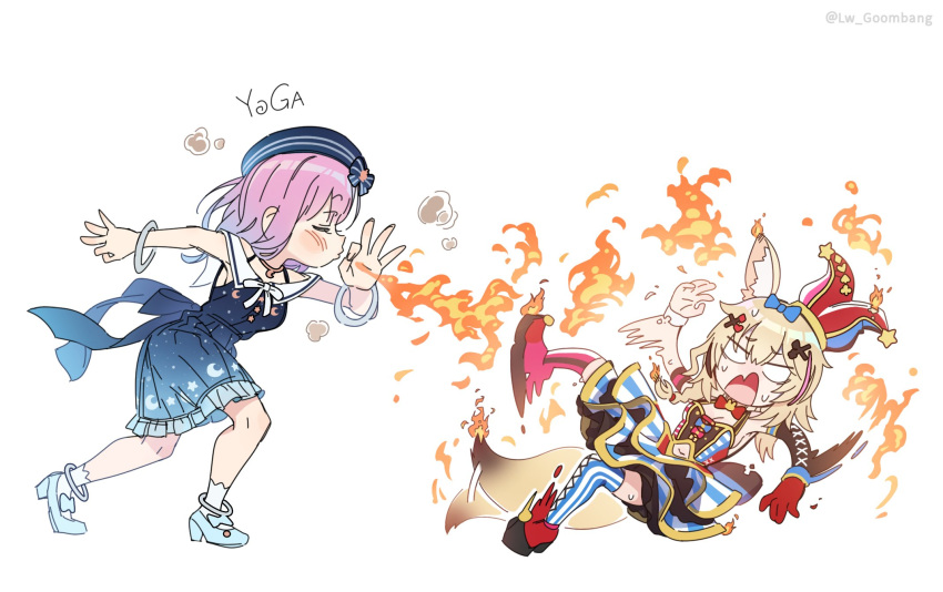 2girls, afterimage, animal_ear_fluff, animal_ears, asymmetrical_legwear, beret, black_gloves, blonde_hair