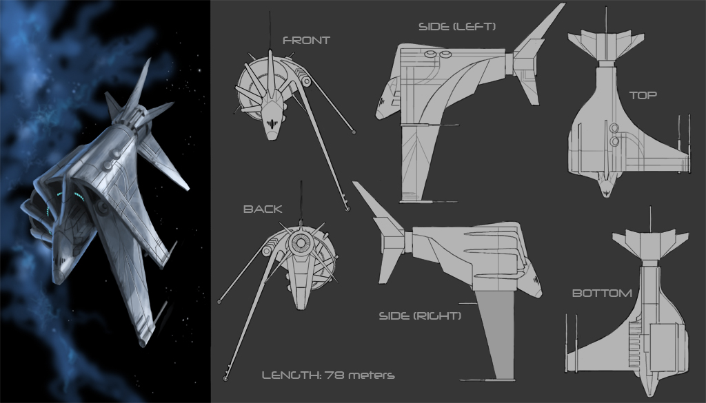 commentary, concept_art, eve_online, frigate_(eve_online), from_side, glowing, military_vehicle, multiple_views, nebula, no_humans, original, outdoors, phill_berry, reference_sheet, science_fiction, sky, space, spacecraft, star_(sky), starry_sky, thrusters, vehicle_focus