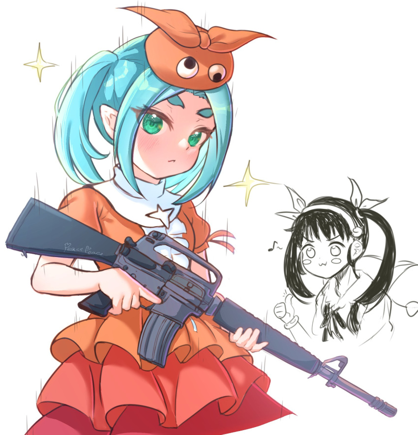2girls, aqua_hair, ar-15, assault_rifle, closed_mouth, commentary, cowboy_shot, cropped_torso