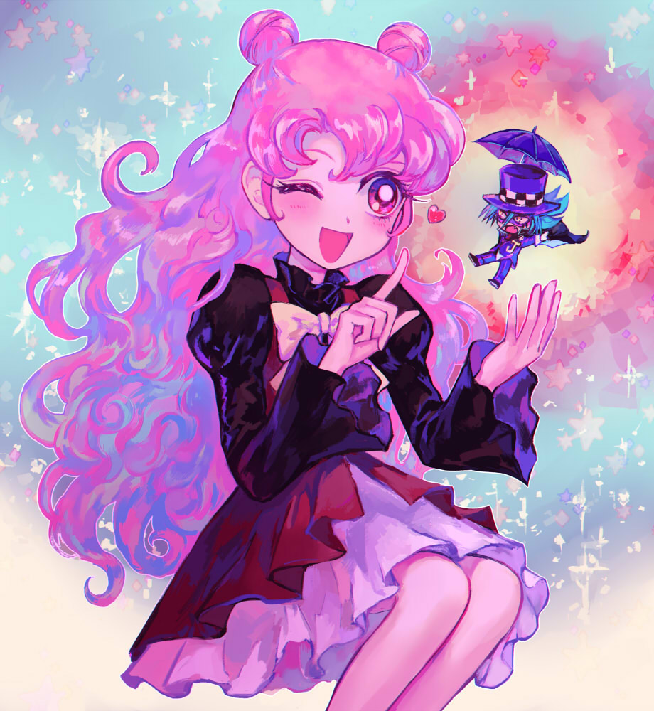 1boy, 1girl, black_shirt, blue_hair, bow, brother_and_sister, double_bun, dress