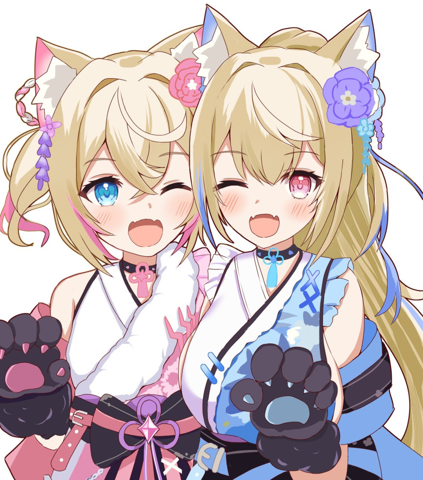 2girls, :3, :d, animal_ear_fluff, animal_ears, animal_hands, blonde_hair, blue_eyes