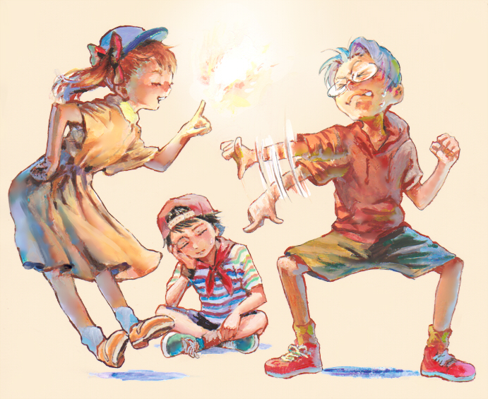 1girl, 2boys, ana_(mother), backwards_hat, black_hair, black_shorts, black_wristband, blue_footwear