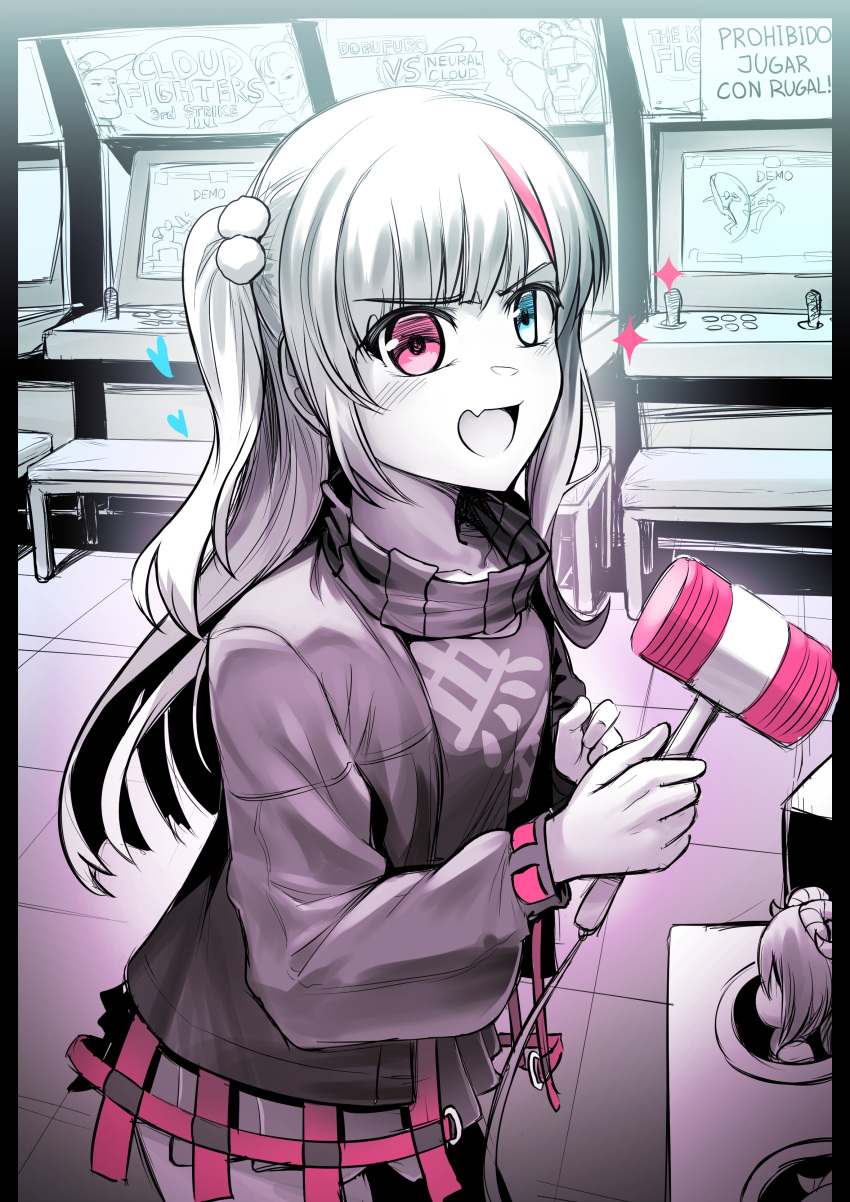 1girl, absurdres, arcade_cabinet, baalia_(neural_cloud), blue_eyes, fang, girls'_frontline_neural_cloud, girls_frontline