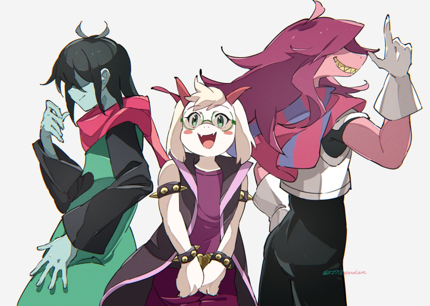 1boy, 1girl, 1other, :d, ahoge, androgynous, antenna_hair, armlet