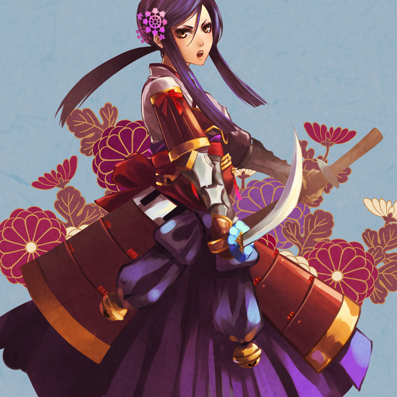 armored_dress, bad_id, bell, blue_hair, dual_wielding, faulds, hair_ornament, katana