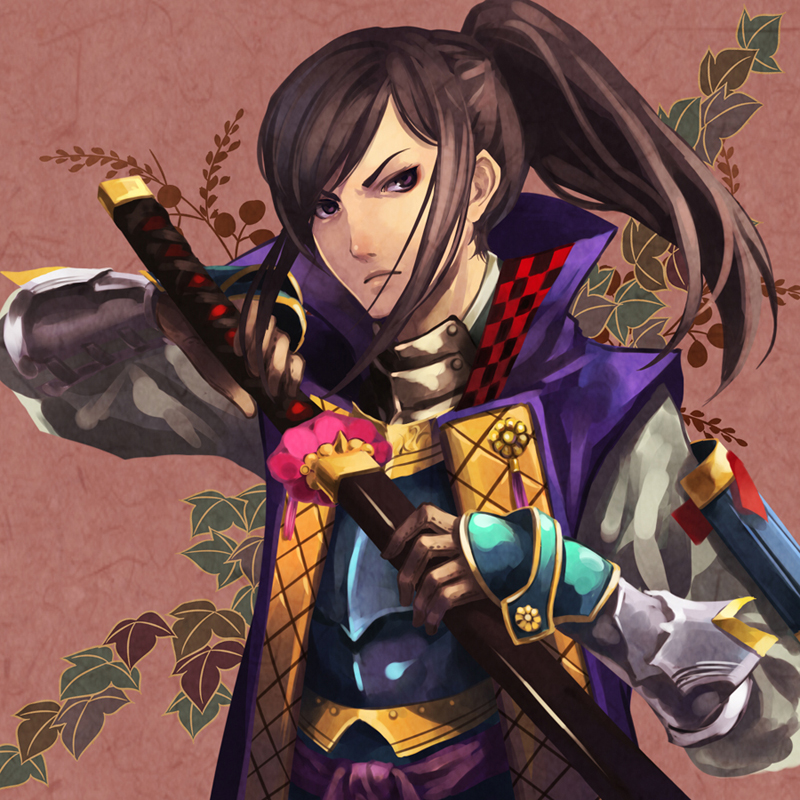 bad_id, brown_eyes, brown_hair, gloves, katana, male, meno_(pixiv), ponytail