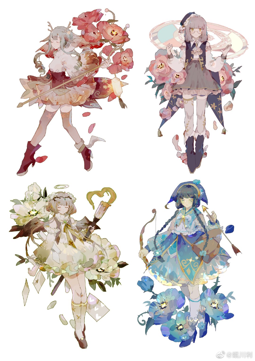 4girls, anemone_(flower), angel, angel_wings, animal_ears, antlers, arrow_(projectile), ascot