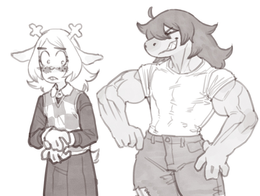 2girls, antlers, blush, cerebro_podrido, deer_girl, deltarune, denim, flat_chest