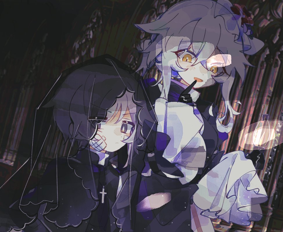 1boy, 1girl, asymmetrical_hair, bandaid, bandaid_on_face, black_capelet, black_dress, black_gloves, black_veil, capelet, cross, cross_necklace, dark_background, dress, finger_to_mouth, frown, gloves, haku_eckaran, happy_saint_sheol, jewelry, long_eyelashes, long_sleeves, looking_down, necklace, priest, puffy_long_sleeves, puffy_sleeves, purple_hair, qcu_ssn, securett_rafe, shadowed, sidelocks, smile, veil, violet_eyes, white_dress, white_hair, yellow_eyes