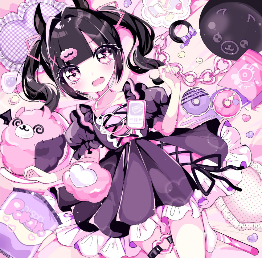 1girl, @_@, album_cover, black_hair, black_horns, blunt_bangs, blush, cellphone