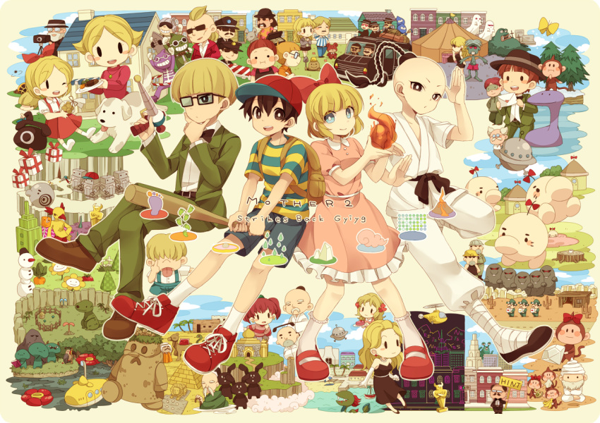 6+boys, 6+girls, aircraft, apple_kid_(mother_2), backpack, bag, bandaged_leg, bandages, baseball_bat, baseball_cap, belt, black_belt, black_bow, black_bowtie, black_eyes, black_hair, black_headwear, blonde_hair, blue_eyes, blush_stickers, boat, bow, bowtie, box, braid, bright_pupils, brown_bag, brown_footwear, bubble_monkey, bug, butterfly, buzz_buzz, cactus, camel, captain_strong, carrot, character_request, closed_mouth, coffee, collared_dress, cookie, doseisan, dougi, dr._andonuts, dress, dungeon_man_(mother_2), everdred_(mother_2), everyone, fire, flower, flying_man, food, frank_fly, frankystein_mark_ii, george_montague, gerardo_montague, ghost, gift, gift_box, green_jacket, green_pants, gun, hat, helicopter, helpful_mole, holding, holding_baseball_bat, holding_gun, holding_letter, holding_plate, holding_sign, holding_weapon, house, jacket, jeff_andonuts, jewelry, king_(mother_2), letter, lucas_(pokemon), magic, mani_mani_statue, mariachi, martial_arts_belt, master_belch, maxwell_(mother), monkey, monkonna, moonside, mother_(game), mother_2, multiple_boys, multiple_girls, necklace, ness's_father, ness's_mother, ness_(mother_2), one_eye_closed, orange_kid_(mother_2), palm_tree, pants, paula's_father, paula's_mother, paula_(mother_2), pearl_necklace, photo-man_(mother), pine_tree, pink_dress, plate, poo_(mother_2), porky_minch, pyramid_(structure), pyrokinesis, rafflesia_(flower), red_bow, red_bowtie, red_headwear, road_sign, robot, saku_anna, sanchez_brothers, shirt, shoes, sign, smile, sneakers, snowman, socks, solid_oval_eyes, steak, stuffed_animal, stuffed_toy, submarine, talking_rock, teddy_bear, tenda_(mother), tent, tessie_(mother_2), thinking, tombstone, tony_(mother_2), tonzura_brothers, tracy_(mother_2), tree, tree_stump, ufo, venus_(mother), watercraft, weapon, white_pupils, white_shirt, white_socks, yes_man_junior, zombie