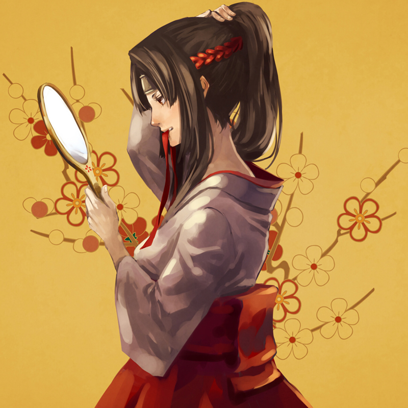 bad_id, brown_eyes, brown_hair, forehead_protector, japanese_clothes, kimono, meno_(pixiv), mirror