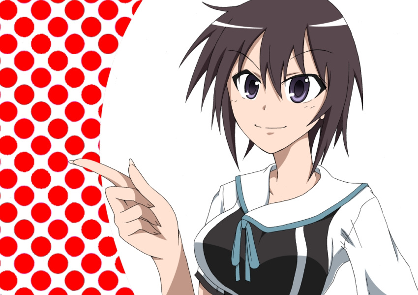 1girl, black_hair, brown_hair, halftone, halftone_background, kirishima_saki_(yumekui_merry), pointing, polka_dot