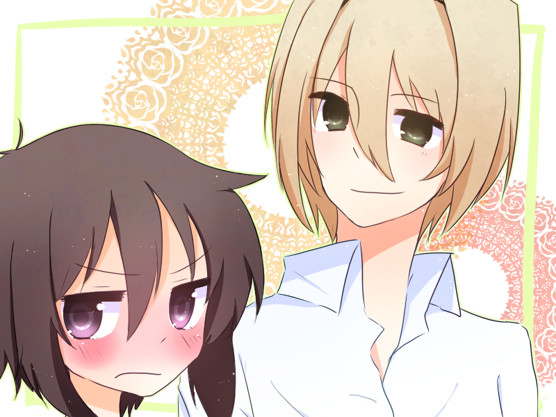 1boy, 1girl, akiyanagi_takateru, black_hair, blonde_hair, blush, brown_hair, green_eyes